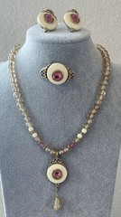 “1928” VTG Pink Champagne Glass Beaded Gold Tone Set Necklace Earrings Brooch