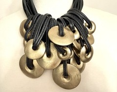 Gerda Lynggaard Monies Black Leather Fringe & Gold Wood Rings Necklace