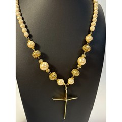 Pearl Necklace Vintage 90s Madonna Gold Tone Cross Crucifix Maximalist