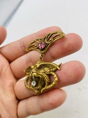 Antique Vintage Art Nouveau Gothic Gargoyle Griffin Crystal Gold Tone Pendant