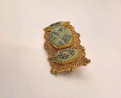Vintage Signed Czechoslovkia Green/Black/White Snake Skin Pressed Glass Brooch