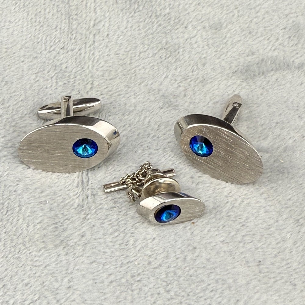 Vintage Cuff Links Blue Rhinestone Silver Tone