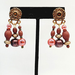 Burgundy Cranberry Copper Colored Multi Shape & Strand Bead Pierced Vtg Earrings
