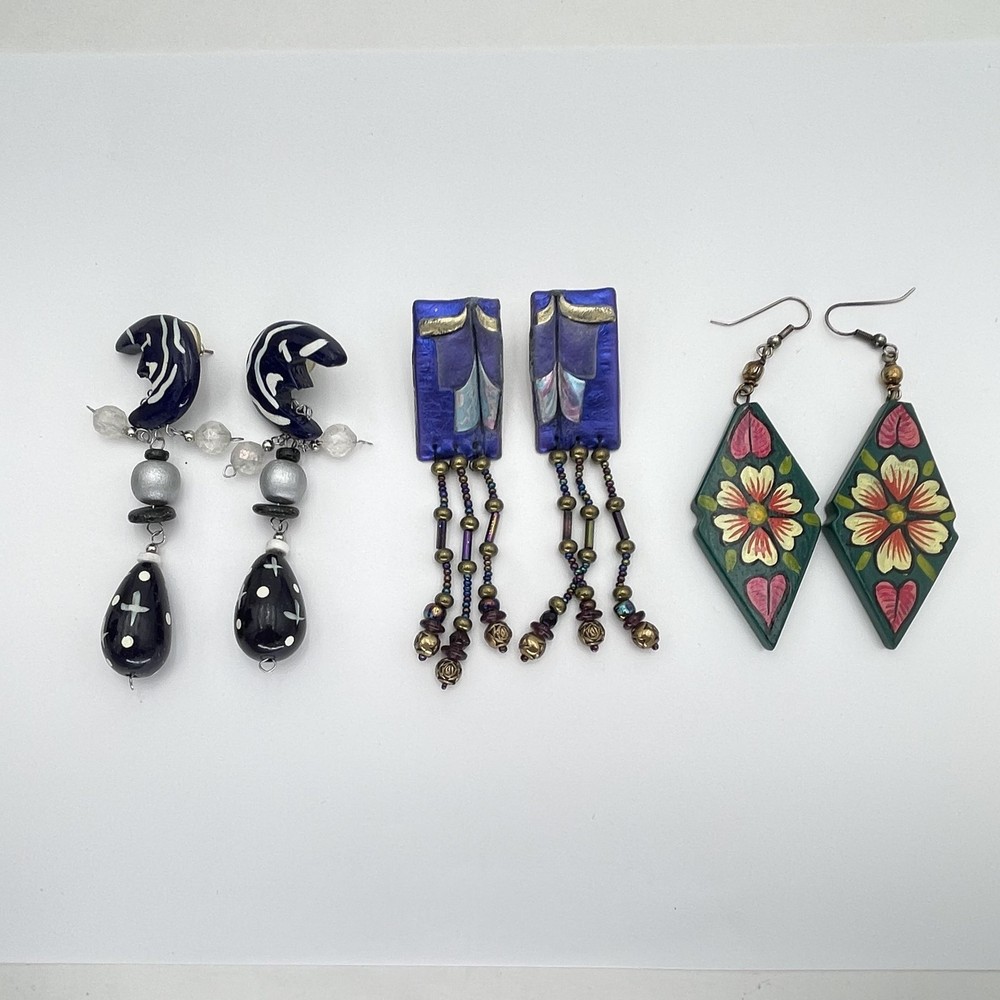 Lot 3 Boho Dangle Earrings Multicolor Moon Flower Beaded Polymer Clay Wood