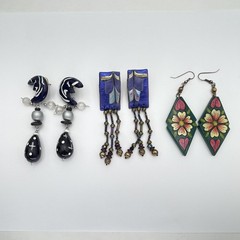 Lot 3 Boho Dangle Earrings Multicolor Moon Flower Beaded Polymer Clay Wood