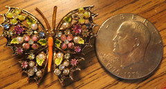 Vintage ART Arthur Pepper Butterfly Brooch Rhinestone Pearl Colorful Beauty