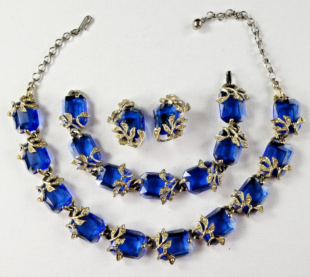 Vintage BSK Blue Glass Crystal Leaf Demi Parure Necklace Bracelet Earrings SET