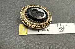Vintage Black Glass Left Facing Cameo Brooch Pendant Faux Pearl Ornate Frame