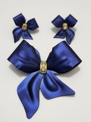 Vtg Tona Bow Ribbon Rhinestones Blue Satin Metal Brooch Earring Demi Parure Set
