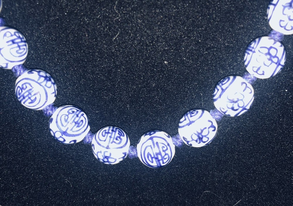 Asian Style Oriental Jewelry-Boho Necklace Porcelain Blue And White Longevity
