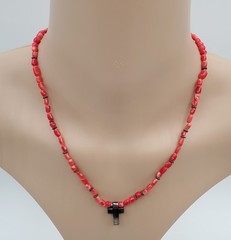 VTG 925 Red Coral Bead 17in Necklace Sterling Silver 15gtw Puffed Open Cross