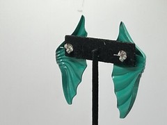 Lg Vintage Teal Fan Shaped Statement Earrings For Pierced Ears 1970-1990 Style
