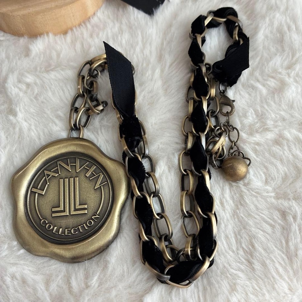 LANVIN Collection Necklace Pendant Gold Plated Black Ribbon Statement
