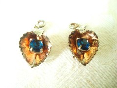 Vintage Sterling Silver Leaf Hinged Clip Earrings Gold Wash Blue Rhinestones KJ