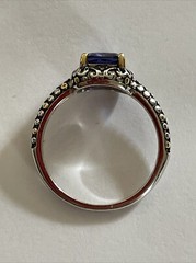 Simulated Square Blue Sapphire Stone Ring Scrolls & Beading on Band Size 8