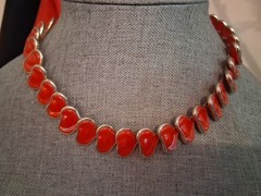 Vintage red celluloid stylized leaf abstract necklace, 16″, articulated
