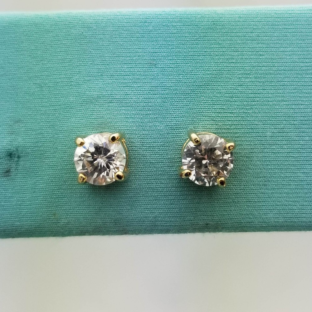CZ Stud Earrings in Yellow Metal Settings, 5.2mm Each, Large Solitaire, Vintage