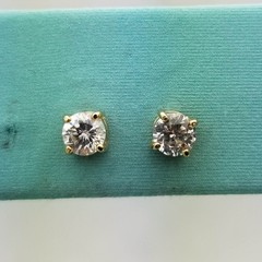 CZ Stud Earrings in Yellow Metal Settings, 5.2mm Each, Large Solitaire, Vintage