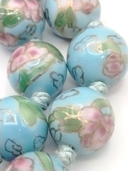 Vintage Hand Painted Faux Cloisonne Porcelain Bead Knotted Necklace Blue 25″