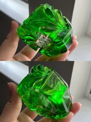 Vintage Chunky Daisy Carved Green Apple Juice Prystal Bakelite Clamper Bracelet
