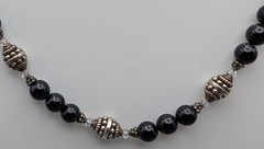 Lori Waters Black Onyx Bead Necklace Sterling Look Crystal Artisan 18″ Signed