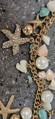 CHARMING CHARLIE Turquoise Bead Gold-tone Starfish Seashell Double Layer Necklac