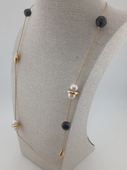 Gold Tone vintage stations chain faux pearls black & gold beads design necklace