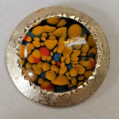 Vintage Round Art Glass Brooch Gold Tone Yellow Multi Color Mosaic MCM Retro Pin
