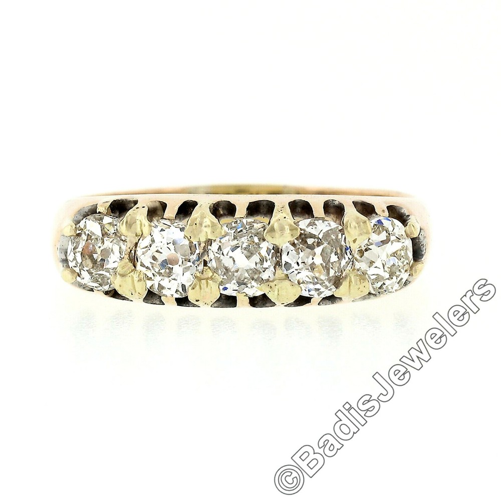 Antique Victorian 14k Rosy Yellow Gold 1.35ctw 5 Old Mine Cut Diamond Band Ring