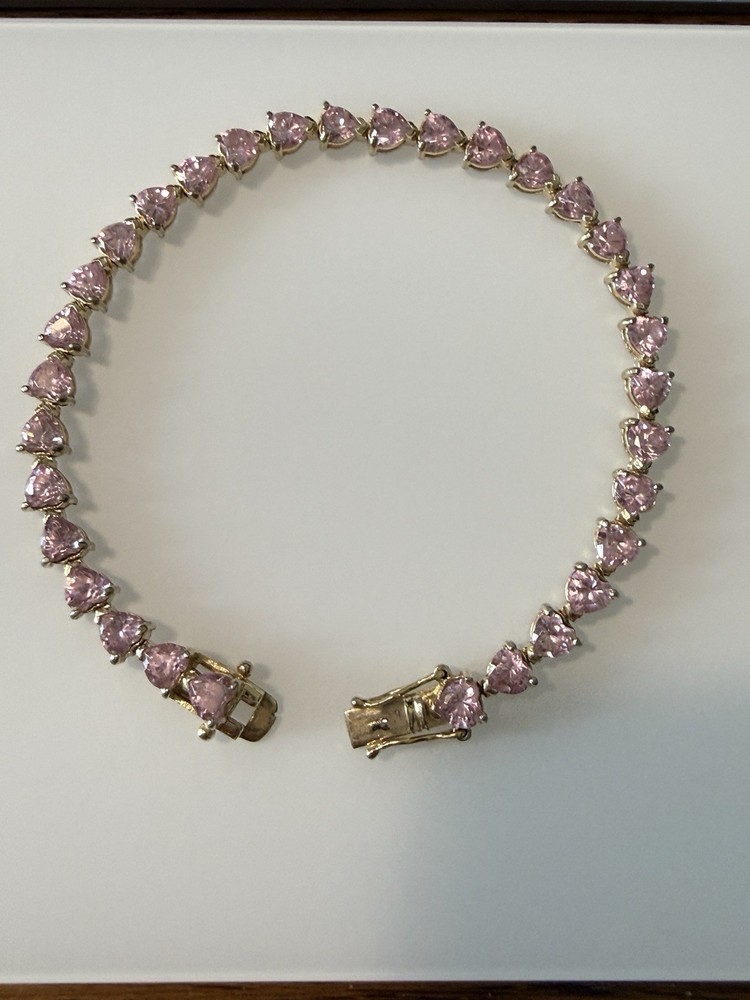 Vintage Pink Trillion Cut Stone Bracelet Sterling Silver Gold Plated 8.25”