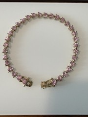 Vintage Pink Trillion Cut Stone Bracelet Sterling Silver Gold Plated 8.25”
