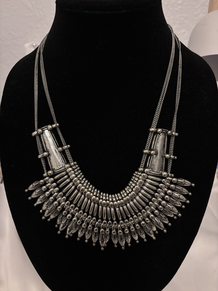 Vintage Silver Tone Tharu Bib Necklace Handcrafted In Nepal. Adjustable.