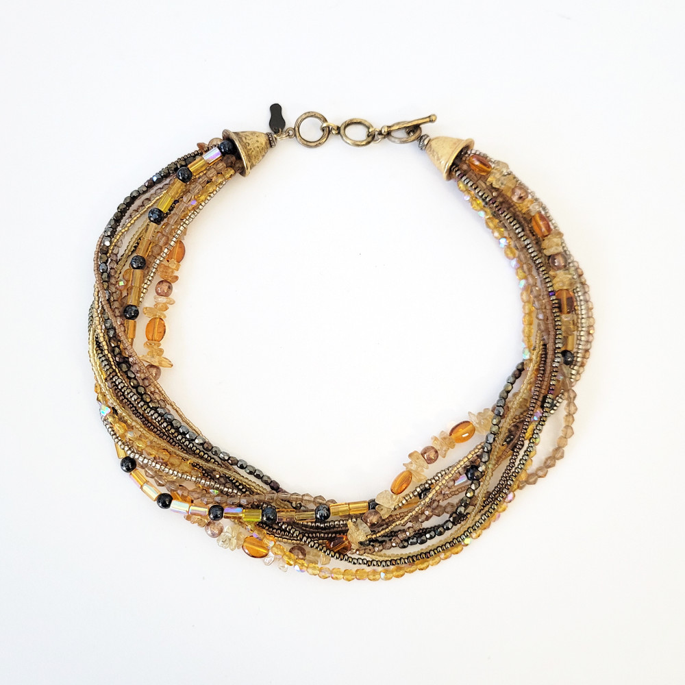 Citrine Gemstone Hematite Glass Bead Multi Strand Necklace Gold Tone 18″ Collar