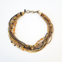 Citrine Gemstone Hematite Glass Bead Multi Strand Necklace Gold Tone 18″ Collar