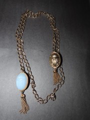 40″ EGYPTIAN REVIVAL CHAIN BELT OR NECKLACE GOLD TONE SKY BLUE VINTAGE