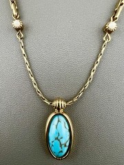 Liz Claiborne Necklace Faux Turquoise Glass Cabochon Pendant Gold Tone Signed 19