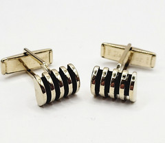 Pioneer Modernist Gold Tone & Black Industrial Style Barrel Shape Vtg Cufflinks