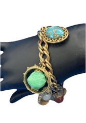 Vintage Etruscan Revival Charm Bracelet Gold Tone Curb Chain Fob Lantern 50s 60s