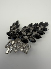 Vintage Jet Black Navettes Floral Spray Rhinestone Accent Silver Tone Brooch