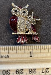 Enamel Rhinestone Red Clear Hoot Owl Birds Goldtone Brooch Pin Gift Boxed