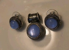 Vintage Pastel Blue Moonglow Lucite Pendant and Earring Trio Set Silver Tone