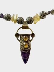 Crystal Necklace Amethyst Amber Color Unk Origin Huge Swing Pendant Handcrafted