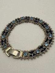 Blue Rhinestone Dark Blue Beaded Link Lattice Work Bracelet Silver Tone Vintage