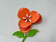 Vintage Peach Pink and Green Enamel Metal 3.5″ Flower Brooch Pin