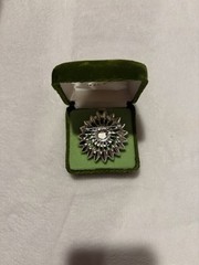 ⁠Vintage Emerald Green Rhinestone Sunburst Brooch w/ Green Velvet Box