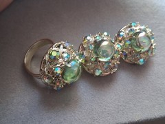 Hollycraft 1950s demi-parure green cab & AB clip on earrings & adjustable ring