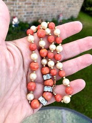 Estate 14K Gold Bead, Coral Glass, And Glass Pearl Beaded Necklace