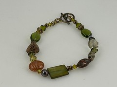 Handcrafted Beaded Bracelet Toggle Clasp Green Brown Yellow Glass Stone