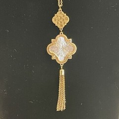 Gold & Silver Toned Pendant with Link Chain Tassel on 34″ Gold Toned Necklace