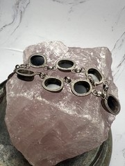VTG 925 Sterling Silver Rope Trim Accent Oval Black Onyx Statement Necklace